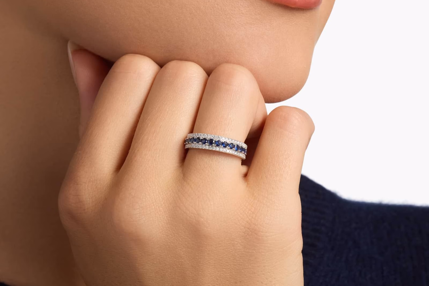 Sapphire and diamond band in 14K white gold