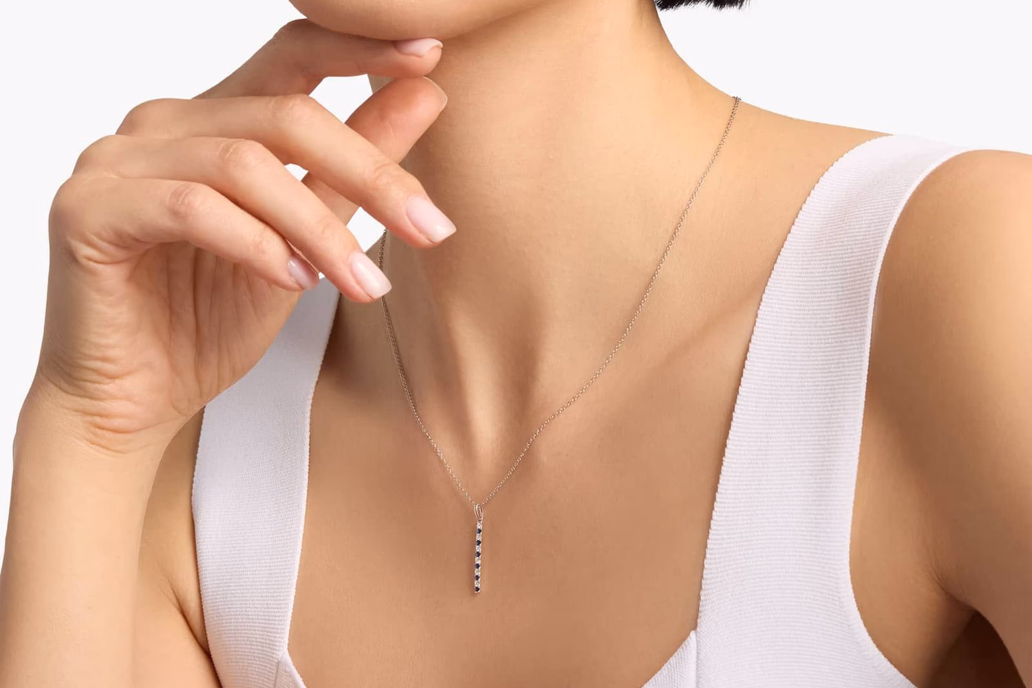 Blue Nile Riviera Pavé Sapphire and Diamond Vertical Bar Pendant in 14K White Gold — alternating blue sapphire and diamond pavé, $784 on sale