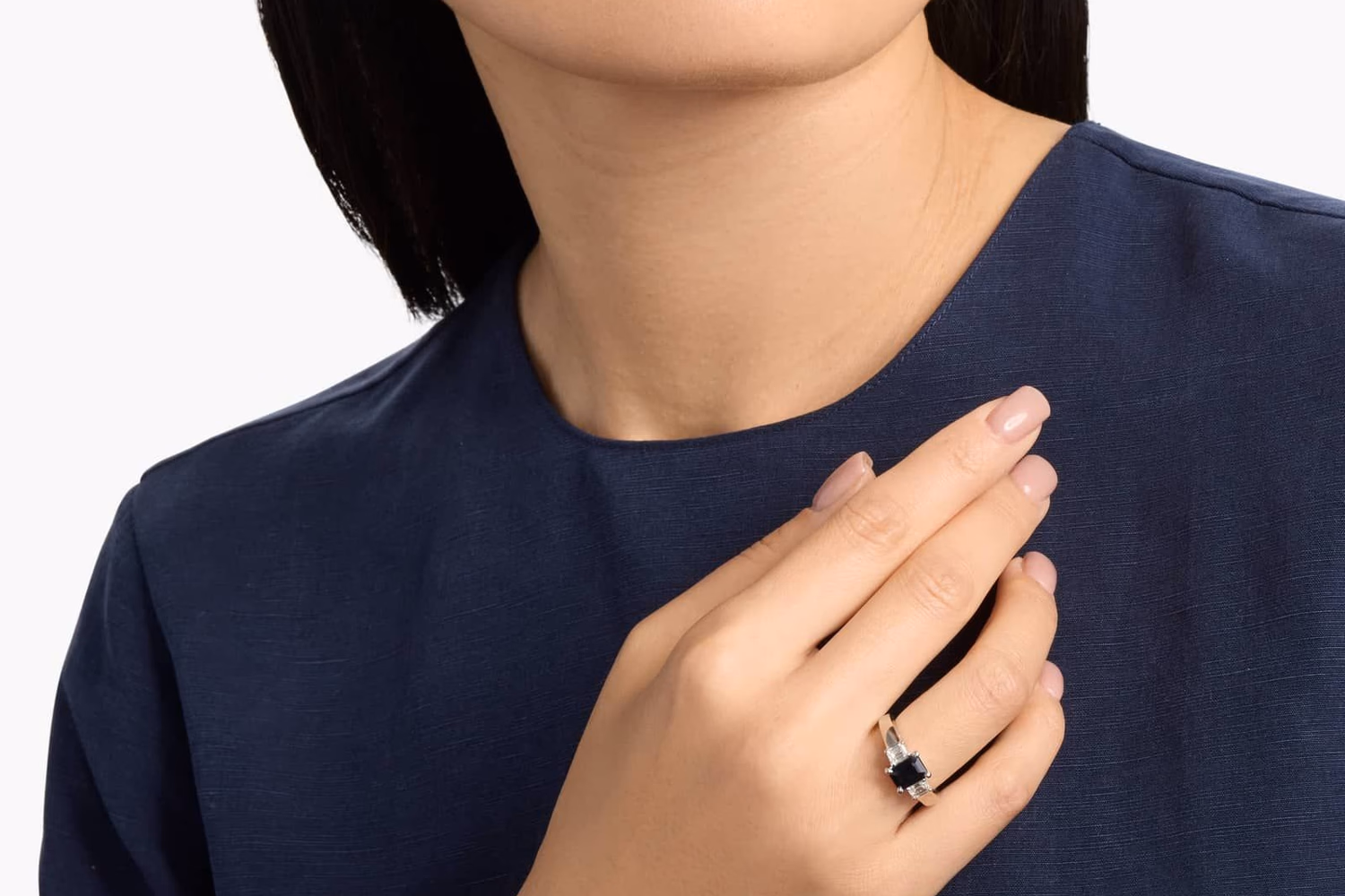 Sapphire and diamond three-stone ring in 14K white gold