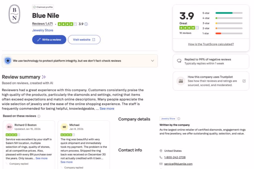 Blue Nile Trustpilot audit 2026 — merger logistics complaints vs high diamond quality ratings