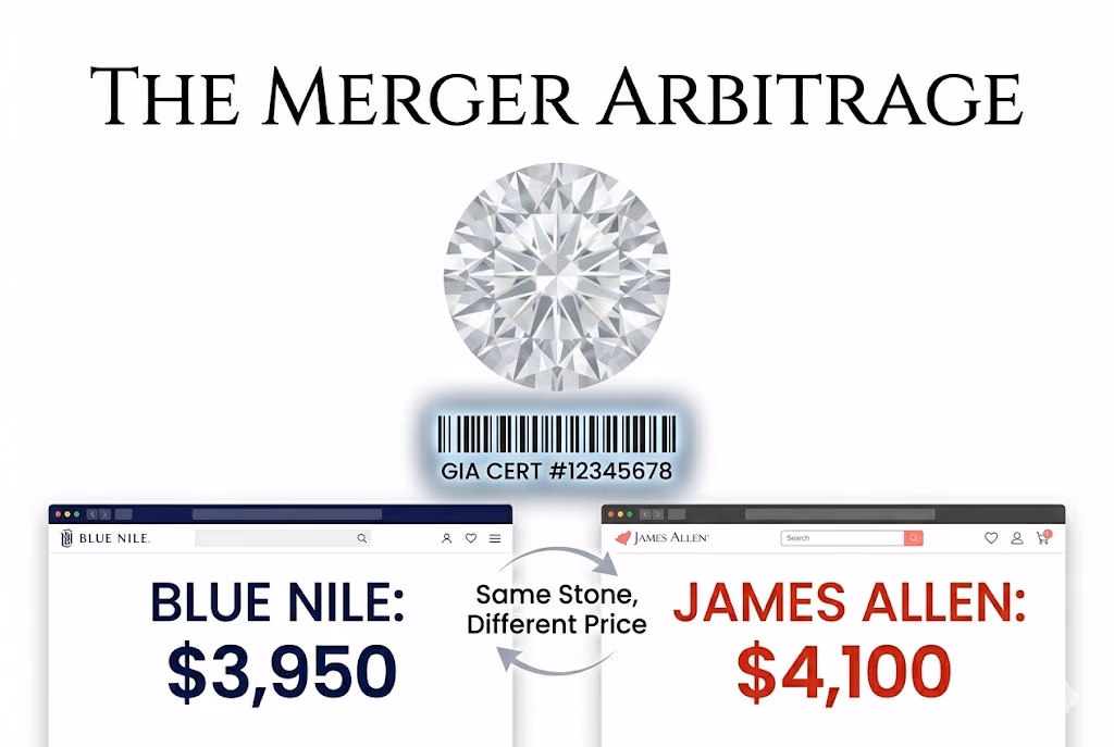 Technical white background infographic showing the exact same diamond priced differently on Blue Nile and James Allen, with Canela typography reading 'The Merger Arbitrage'.