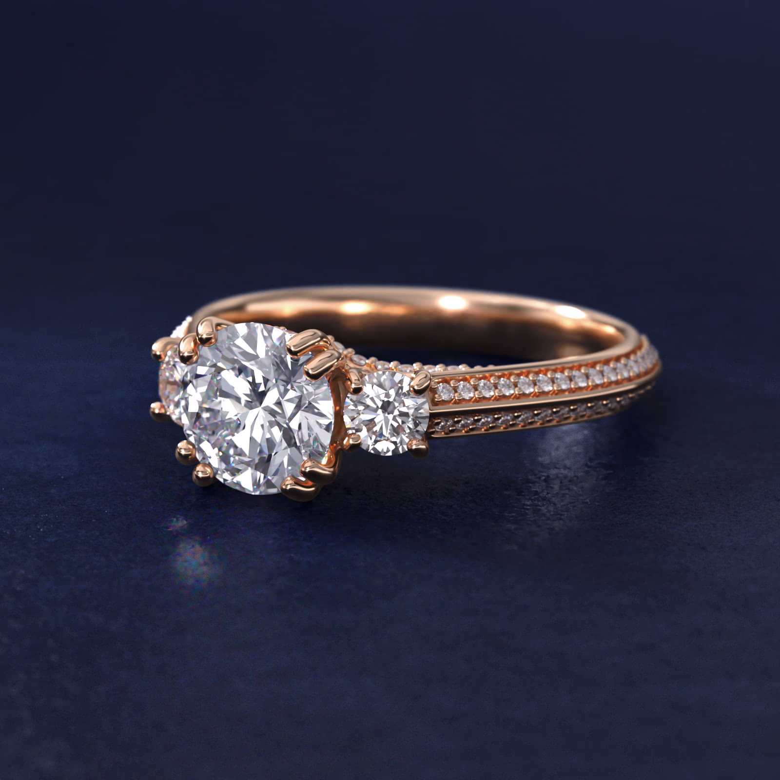 Blue Nile Round Diamond Three Stone with Pave Rose Gold 2