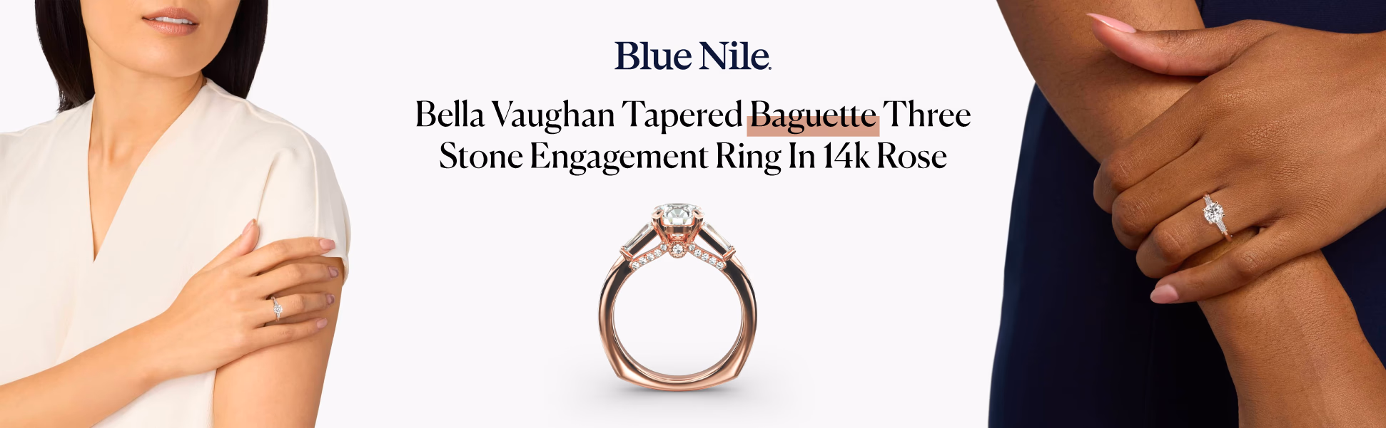 Bella Vaughan Tapered Baguette Three Stone Engagement Ring Rose Gold