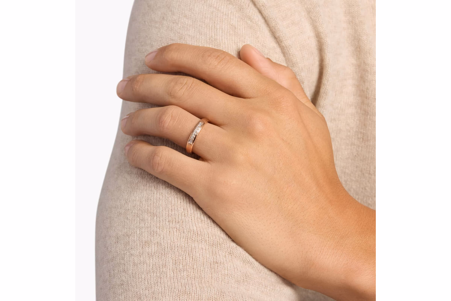 Men's princess cut diamond wedding ring in rose gold — angle view showing geometric masculine profile