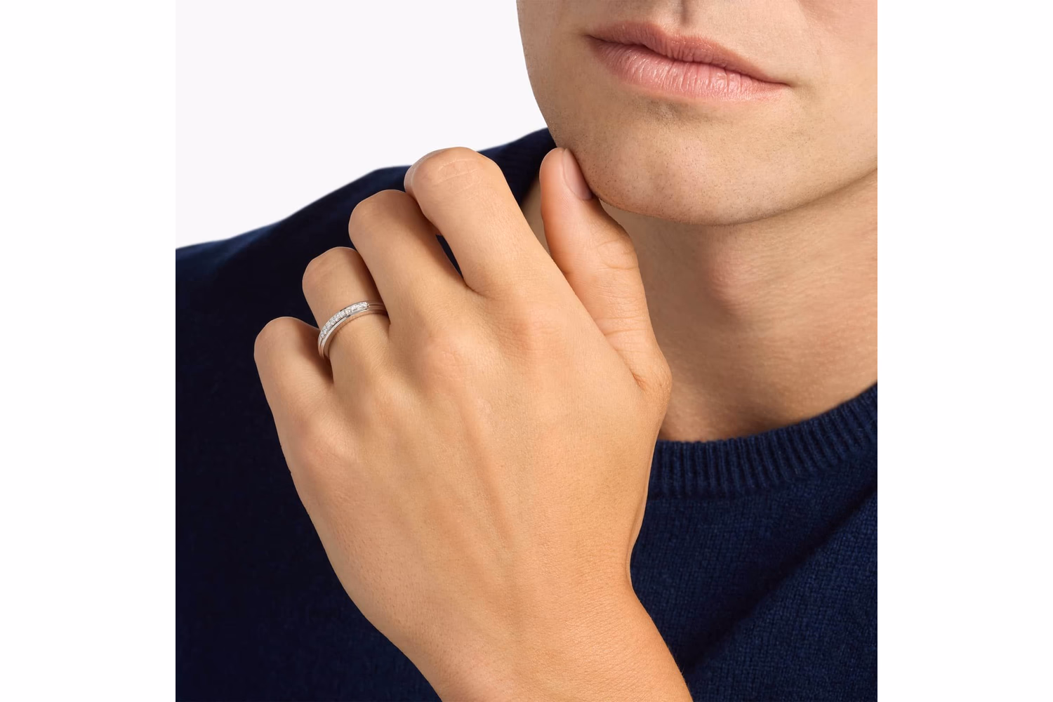 Men's channel set princess cut diamond ring in white gold — flush diamond row profile