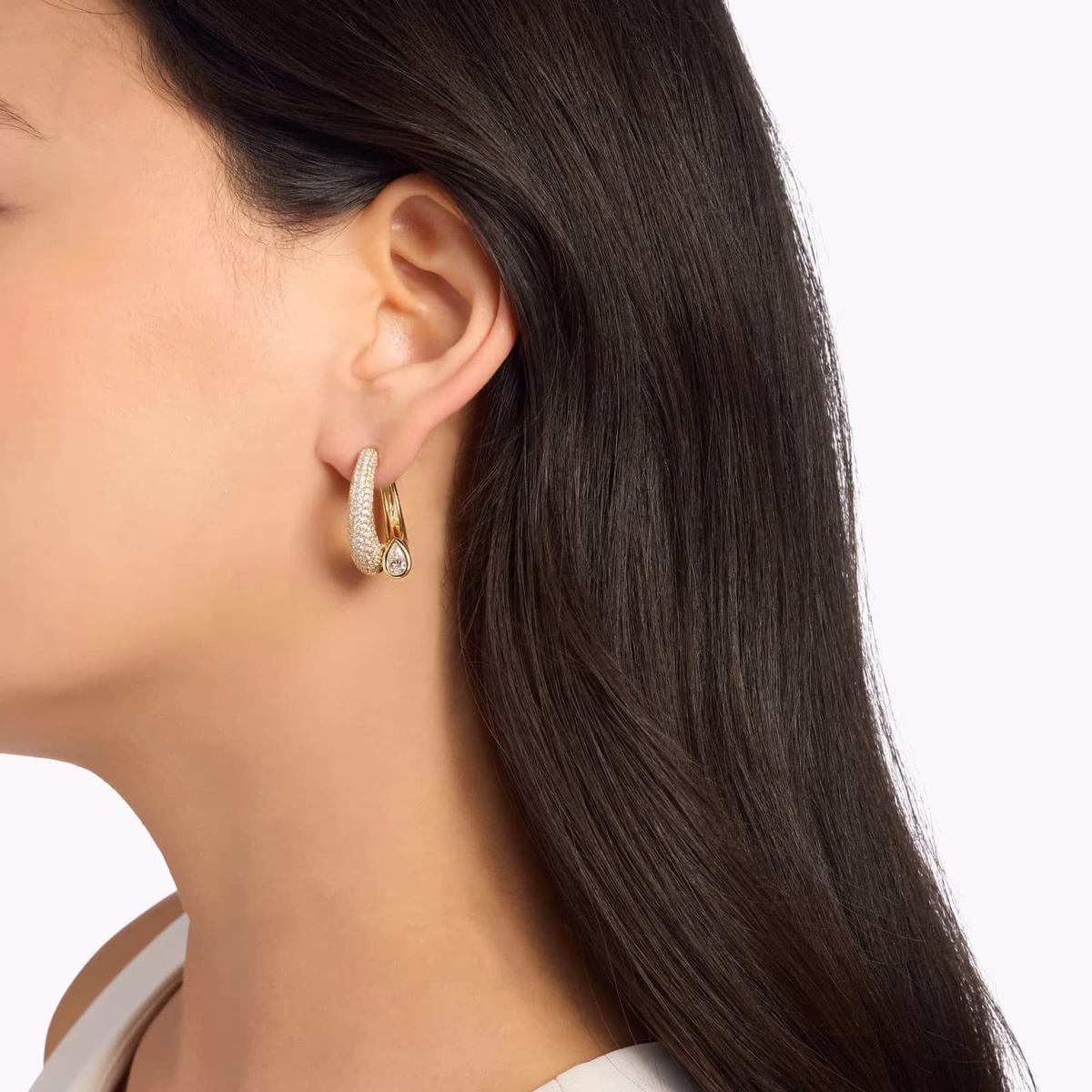 Shop the Look — pear cut diamond stud earrings lifestyle yellow gold worn at ear