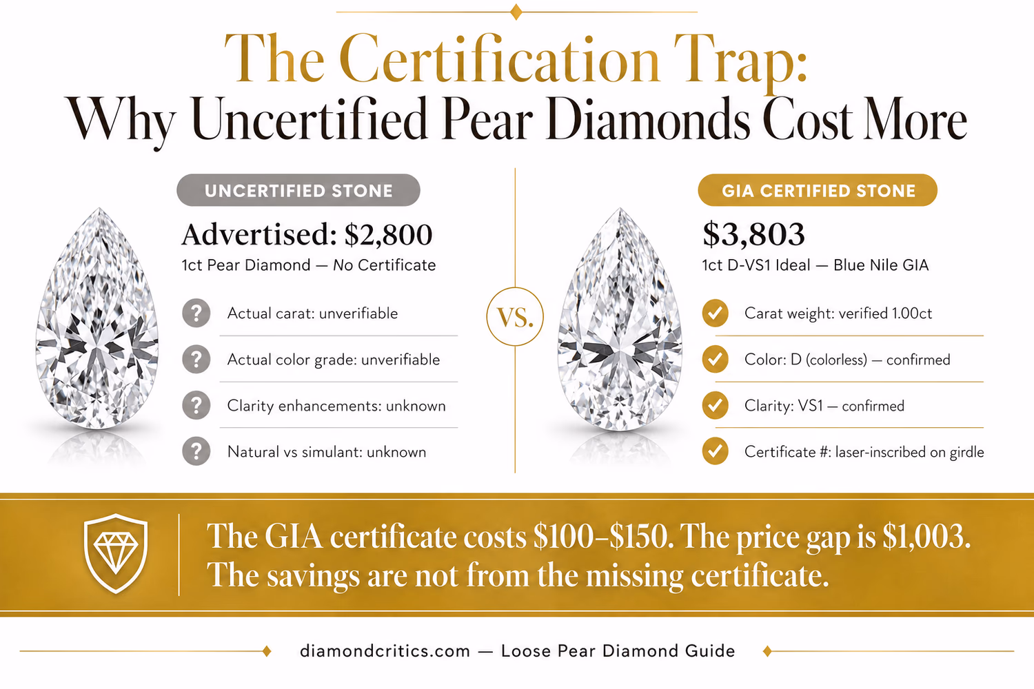 The Certification Trap: Why Uncertified Pear Diamonds Cost More — uncertified $2,800 vs GIA certified $3,803 with full grade verification