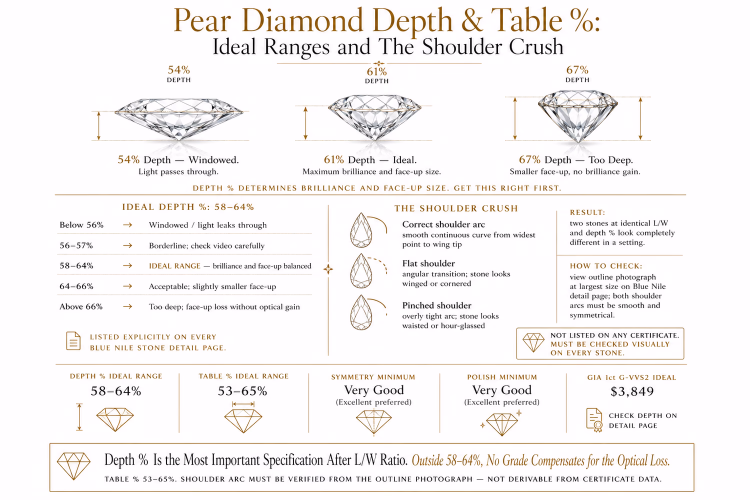 Pear diamond depth percentage and table percentage — ideal ranges and The Shoulder Crush explained