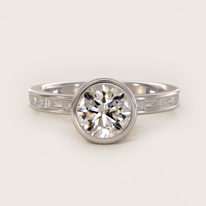 Bezel Engagement Ring with Channel Set Diamond Accent 14K White Gold — $3,600