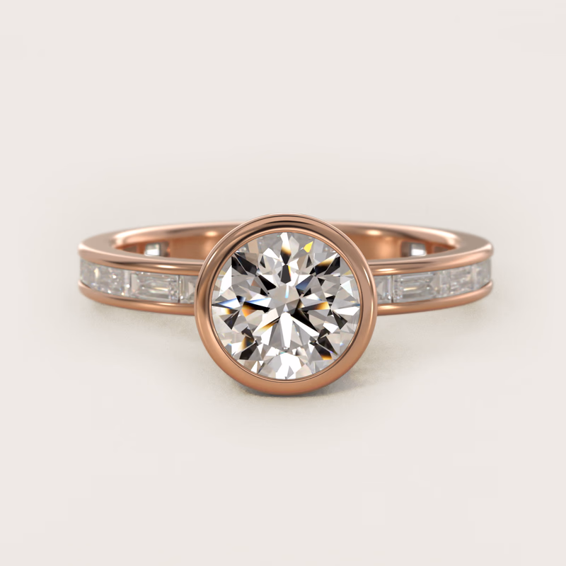 Bezel Engagement Ring with Channel Set Diamond Accent 14K Rose Gold — $3,600