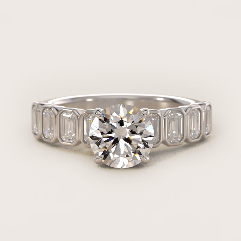 Bezel Set Emerald Cut Side Stone 14K White Gold — $4,300