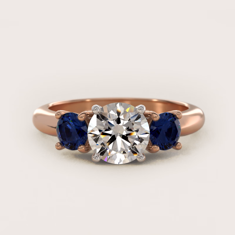 Round Blue Sapphire Three Stone 14K Rose Gold — $2,000