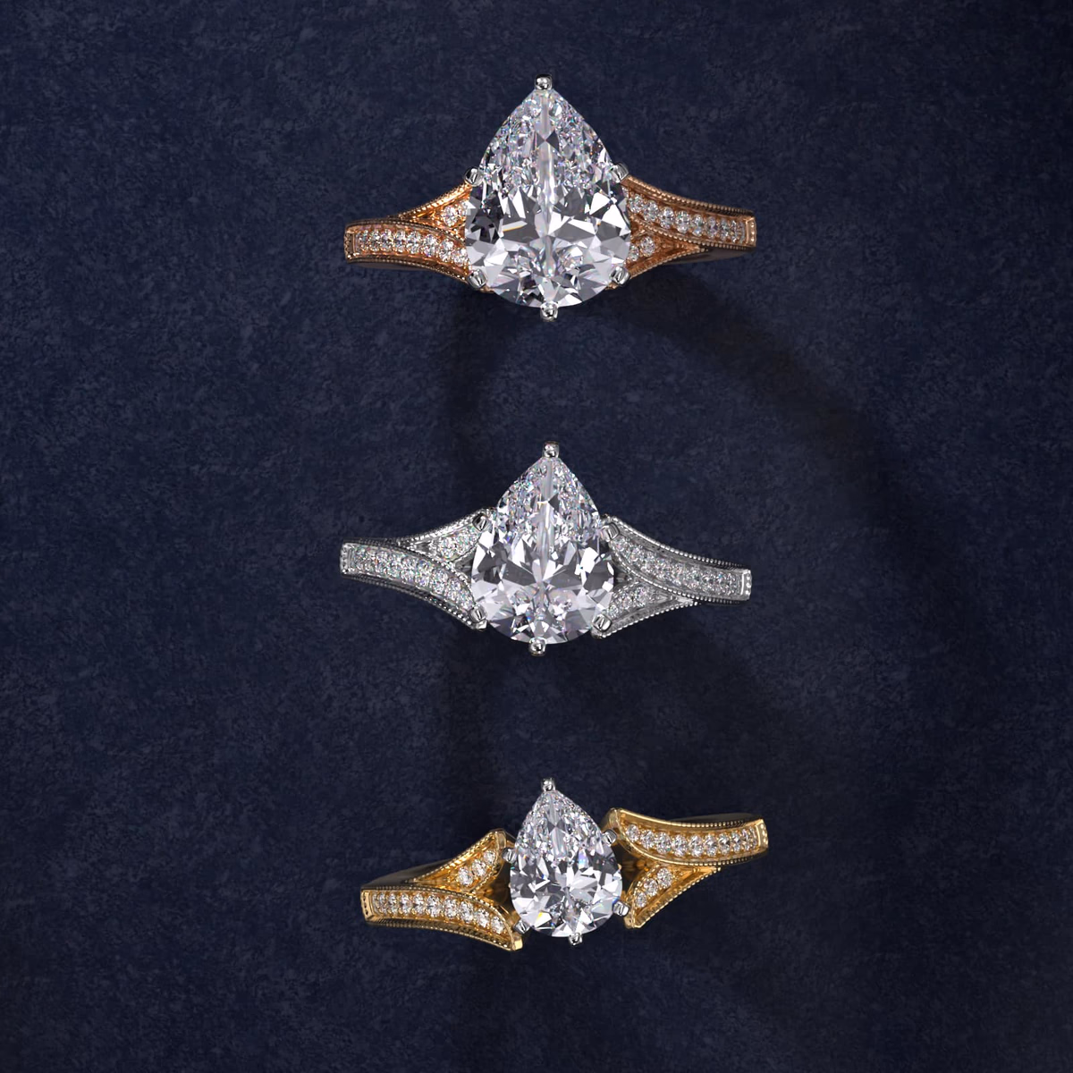 Vintage pear diamond ring — hand-engraved milgrain style