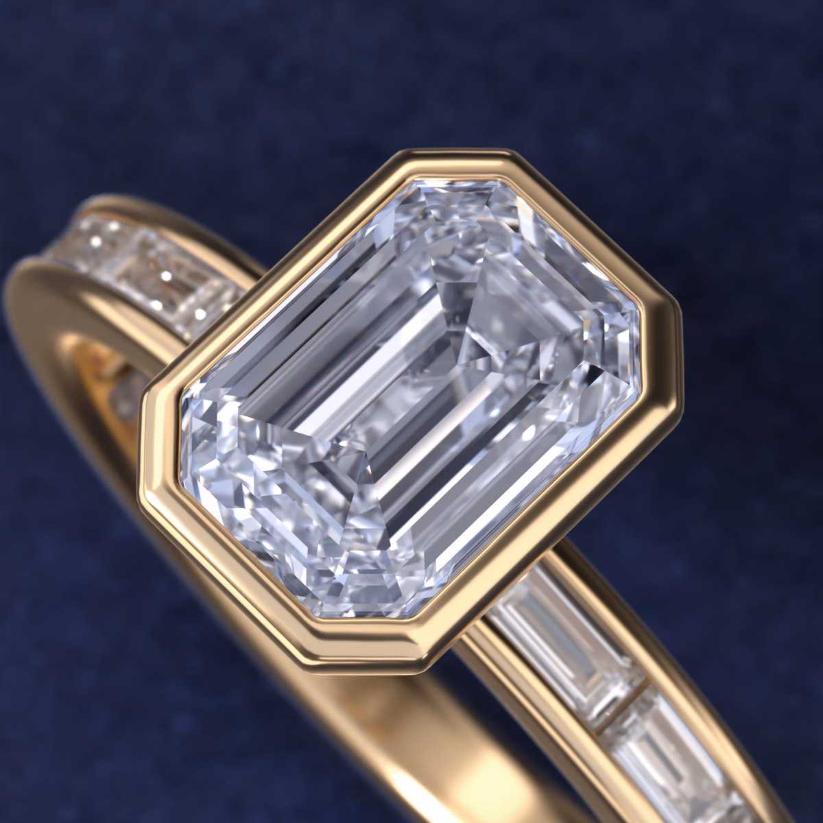 Comfort fit bezel solitaire emerald cut diamond ring in yellow gold, the warm metal and step-cut table creating the signature architectural bezel look