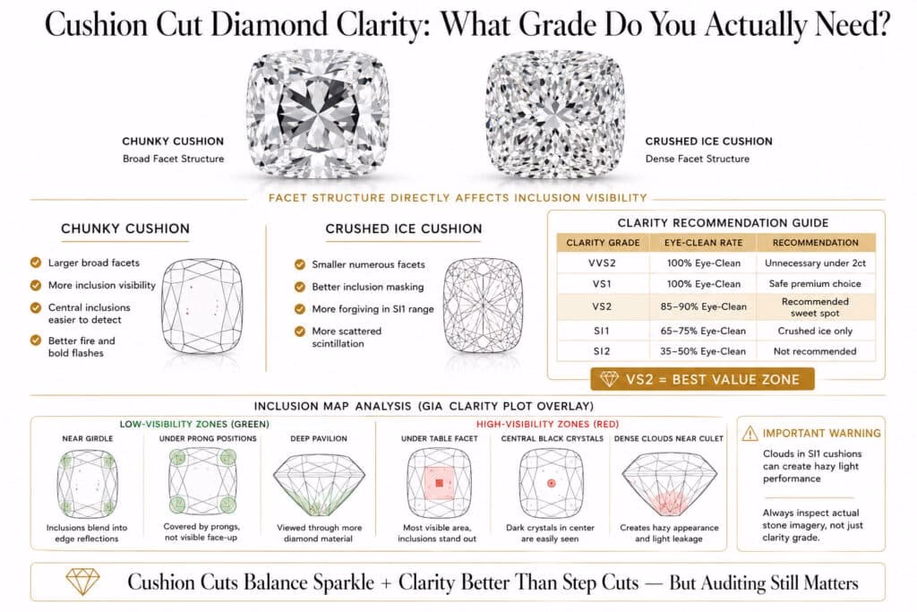 Horizontal infographic explaining cushion cut diamond clarity in 2026, comparing chunky and crushed ice cushion cuts, showing how facet structure affects inclusion visibility, with a clarity recommendation table from VVS2 to SI2 and a GIA-style inclusion map highlighting safe and risky inclusion positions.