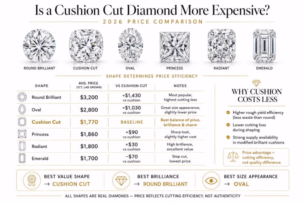 Horizontal infographic comparing 2026 diamond prices by shape on a white background, showing Round Brilliant, Cushion Cut, Oval, Princess, Radiant, and Emerald diamonds with a price comparison table highlighting Cushion Cut as the baseline value option and Round Brilliant as the most expensive.