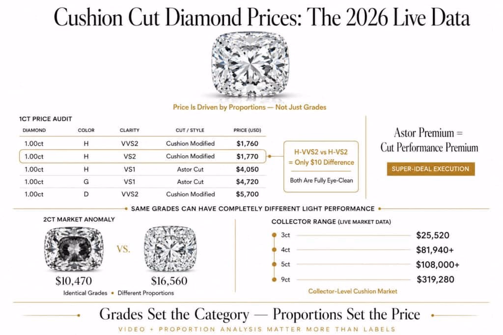 Editorial infographic showing 2026 cushion cut diamond prices with 1ct and 2ct live pricing comparisons, Astor Cut premium analysis, and collector-range diamond pricing on a white background.