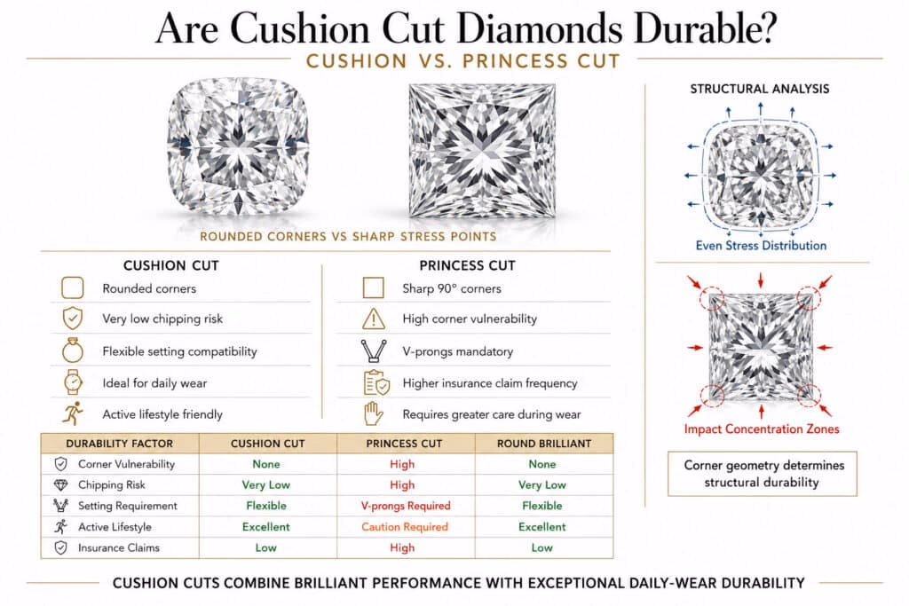 Horizontal infographic comparing cushion cut and princess cut diamond durability in 2026, showing rounded cushion corners versus sharp princess corners, with structural stress diagrams, chipping risk comparison, and a durability table covering corner vulnerability, setting requirements, insurance risk, and active lifestyle suitability.