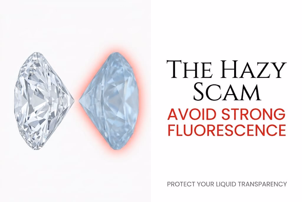 Technical white background illustration comparing a clear stone to a hazy fluorescent stone, with Canela typography reading 'The Hazy Scam: Avoid Strong Fluorescence' in a D color diamond.