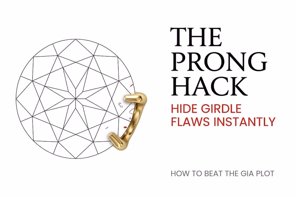 Diamond Clarity Chart Gia Plot Prong Hiding Hack Technical white background illustration of a diamond GIA plot showing a gold prong hiding edge inclusions, with Canela typography reading 'The Prong Hack' for mastering the diamond clarity chart.