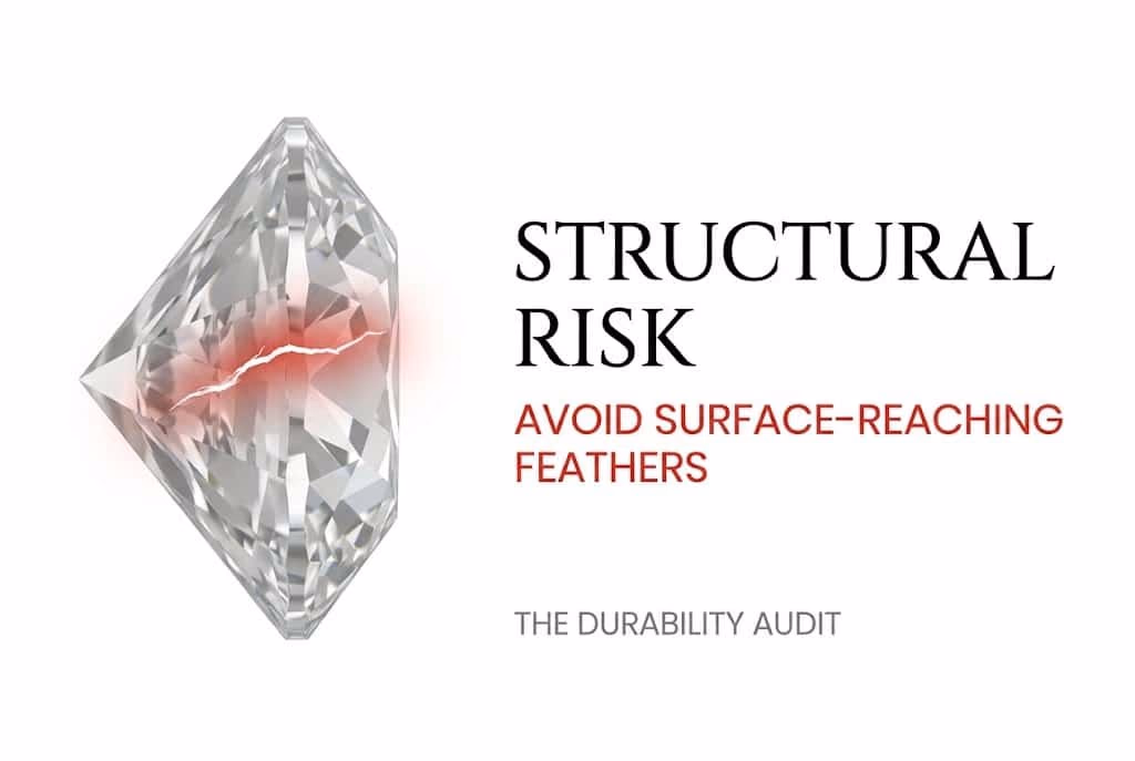 Diamond Clarity Chart Surface Reaching Feather Risk 1 Technical white background illustration showing a feather crack reaching the edge of a diamond, with Canela typography reading 'Structural Risk: Avoid Surface-Reaching Feathers' on the diamond clarity chart.