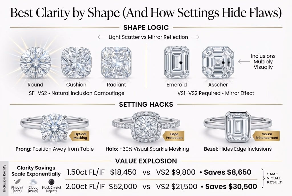 Diamond Clarity Shape Setting Optimization 2026 High-end infographic explaining the best diamond clarity by shape and how ring settings like prong, halo, and bezel can hide inclusions, with price comparisons showing large savings when choosing VS2 over flawless diamonds.