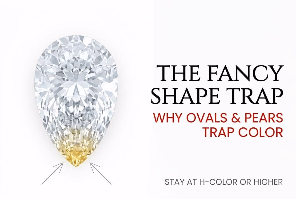 Diamond Color Scale Pear Oval Yellow Tip Trap Technical white background illustration of a pear cut diamond showing yellow tint at the tip, with Canela typography reading 'The Fancy Shape Trap: Why Ovals & Pears Trap Color' on the GIA diamond color scale.