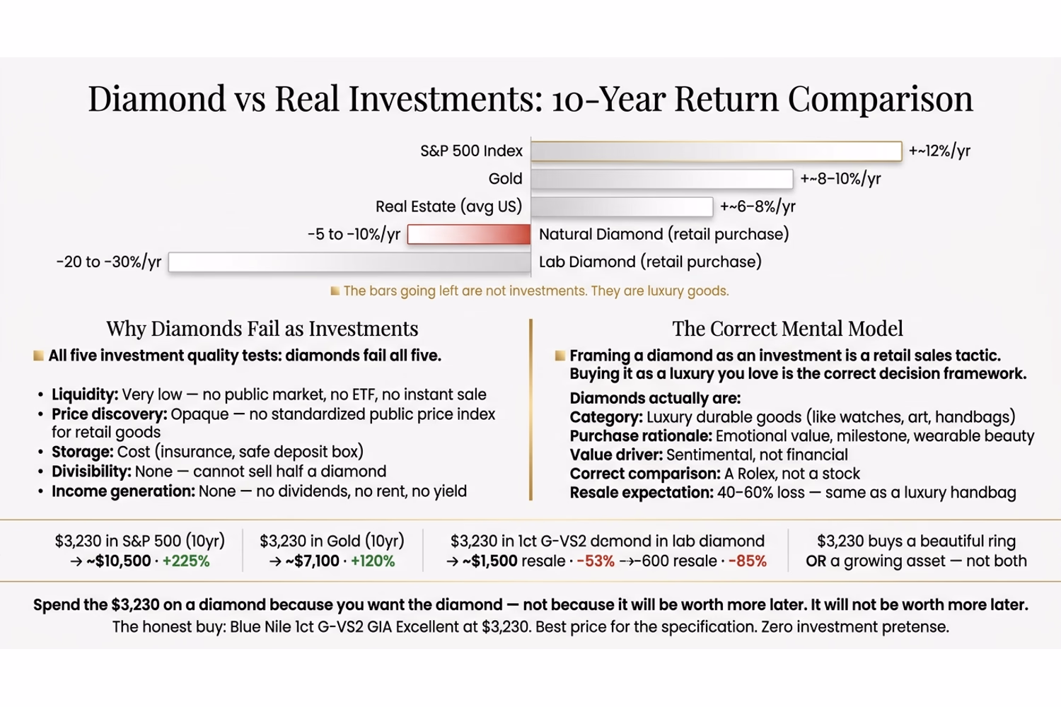 Diamond Investment Returns vs S&P 500 Index Fund Over 10 Years Diamond vs alternative investments 10-year comparison chart showing S&P 500 index fund returns vs natural diamond and lab diamond depreciation