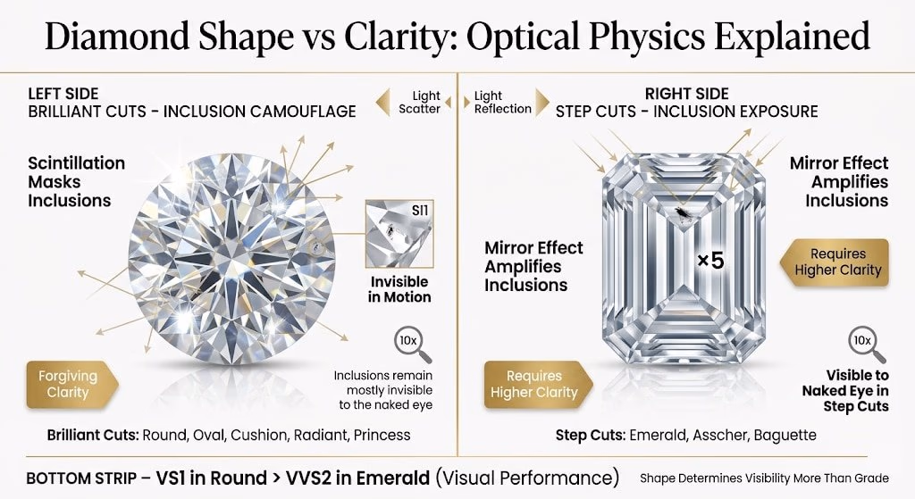 Diamond Shape Clarity Optical Physics 2026 Premium infographic comparing brilliant cut and step cut diamonds, showing how brilliant cuts hide inclusions through scintillation while step cuts amplify inclusions through mirror-like reflections, making shape more important than clarity grade.