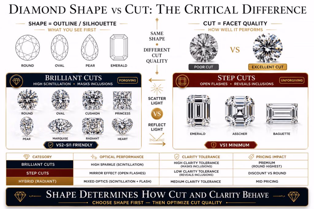 Diamond Shape Vs Cut Explained Premium infographic explaining the difference between diamond shape and cut, showing how shape defines outline while cut determines light performance, with a comparison of brilliant and step cut categories.