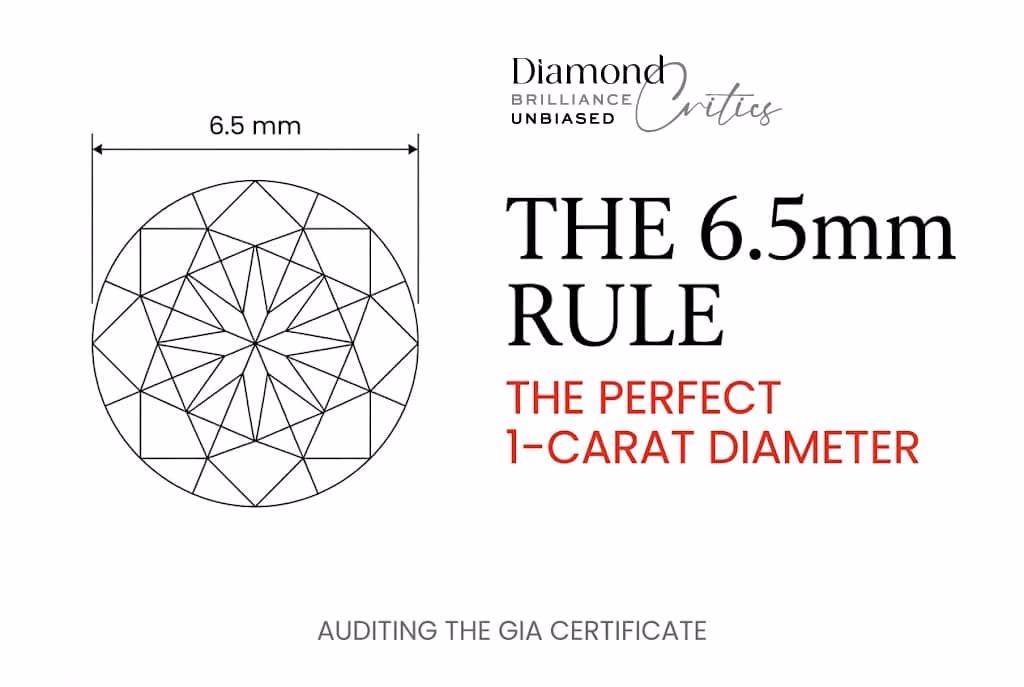 Technical white background illustration of a 1-carat diamond's top diameter measuring 6.5 millimeters, with Canela typography reading 'The 6.5mm Rule' for auditing a diamond size chart.