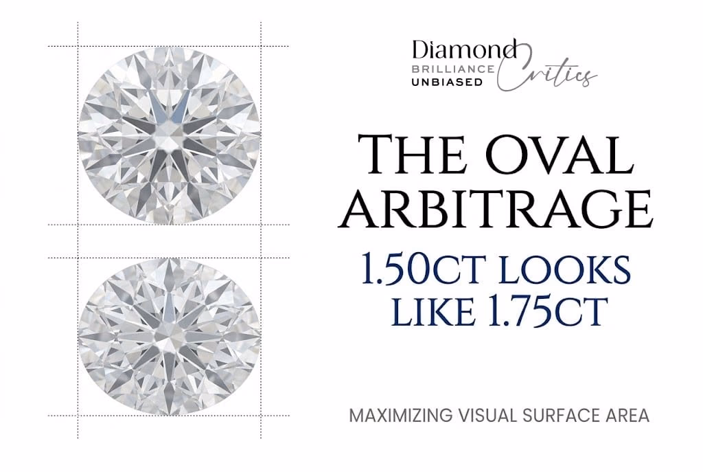 White background visual guide comparing the face-up size of an oval vs round diamond, with typography reading 'The Oval Arbitrage: 1.50ct Looks Like 1.75ct' explaining visual surface area on the diamond size chart.