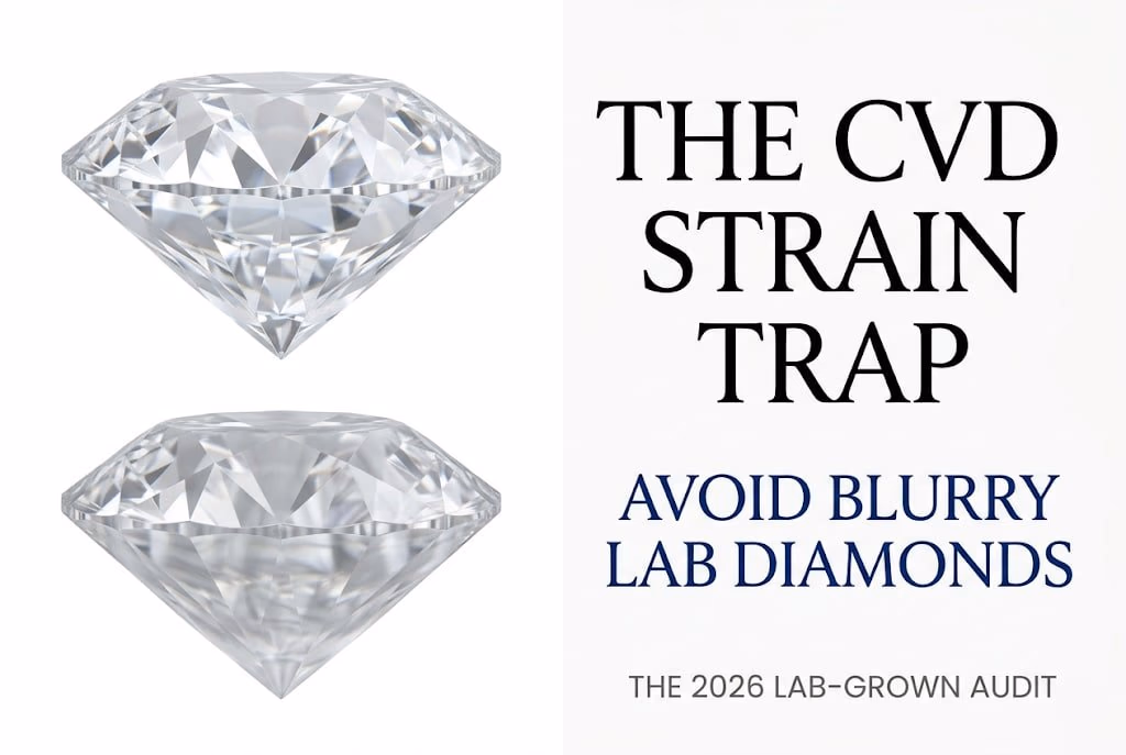 E Color Diamond Lab Grown Cvd Strain Blur Warning White background visual guide comparing a crisp lab diamond to a blurry CVD strained diamond, with typography reading 'The CVD Strain Trap: Avoid Blurry Lab Diamonds' when buying an E color diamond.
