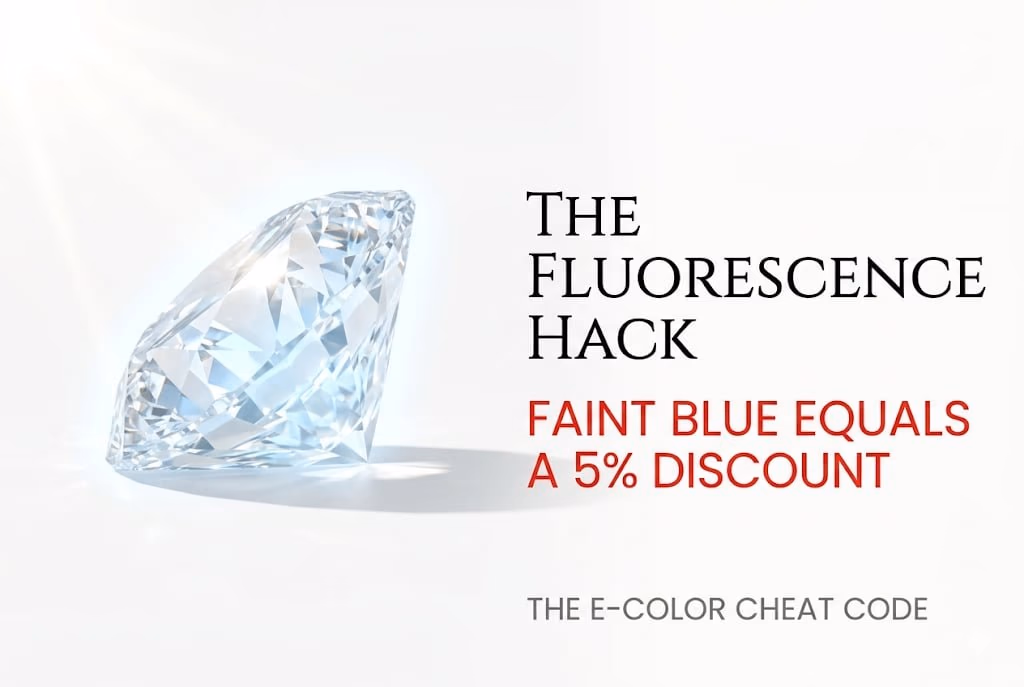 E Color Diamond Medium Blue Fluorescence Discount Hack Technical white background illustration showing a diamond glowing icy white in sunlight, with Canela typography reading 'The Fluorescence Hack' for getting a discount on an E color diamond.