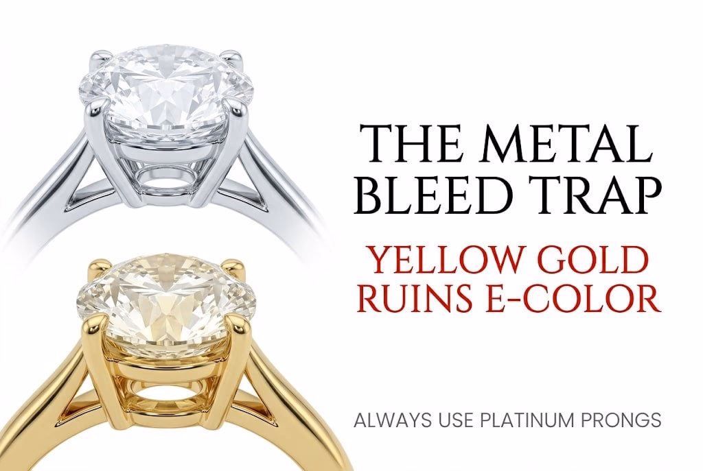 E Color Diamond Platinum Vs Yellow Gold Metal Bleed White background visual guide showing an E color diamond absorbing yellow gold reflection versus staying icy white in platinum, with Canela typography reading 'The Metal Bleed Trap: Yellow Gold Ruins E-Color'.