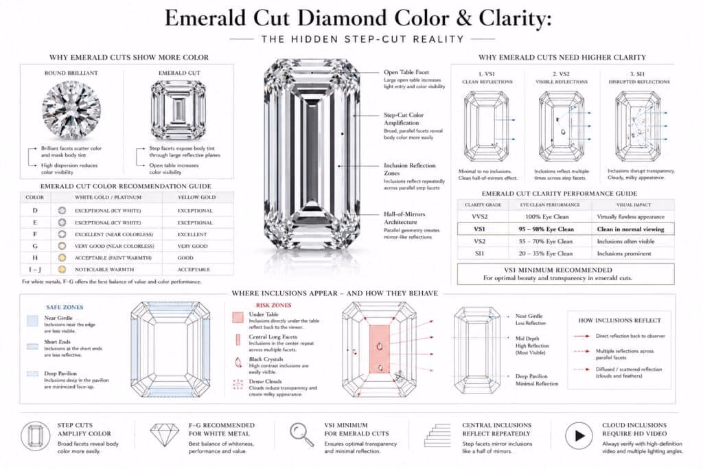 Emerald Cut Diamond Color Clarity Guide Technical editorial infographic explaining emerald cut diamond color and clarity performance, featuring a hyper-realistic emerald cut diamond, color visibility comparison with round brilliant, clarity reflection diagrams, safe and risky inclusion positions, and VS1 clarity recommendations in a clean white architectural gemology-style layout.