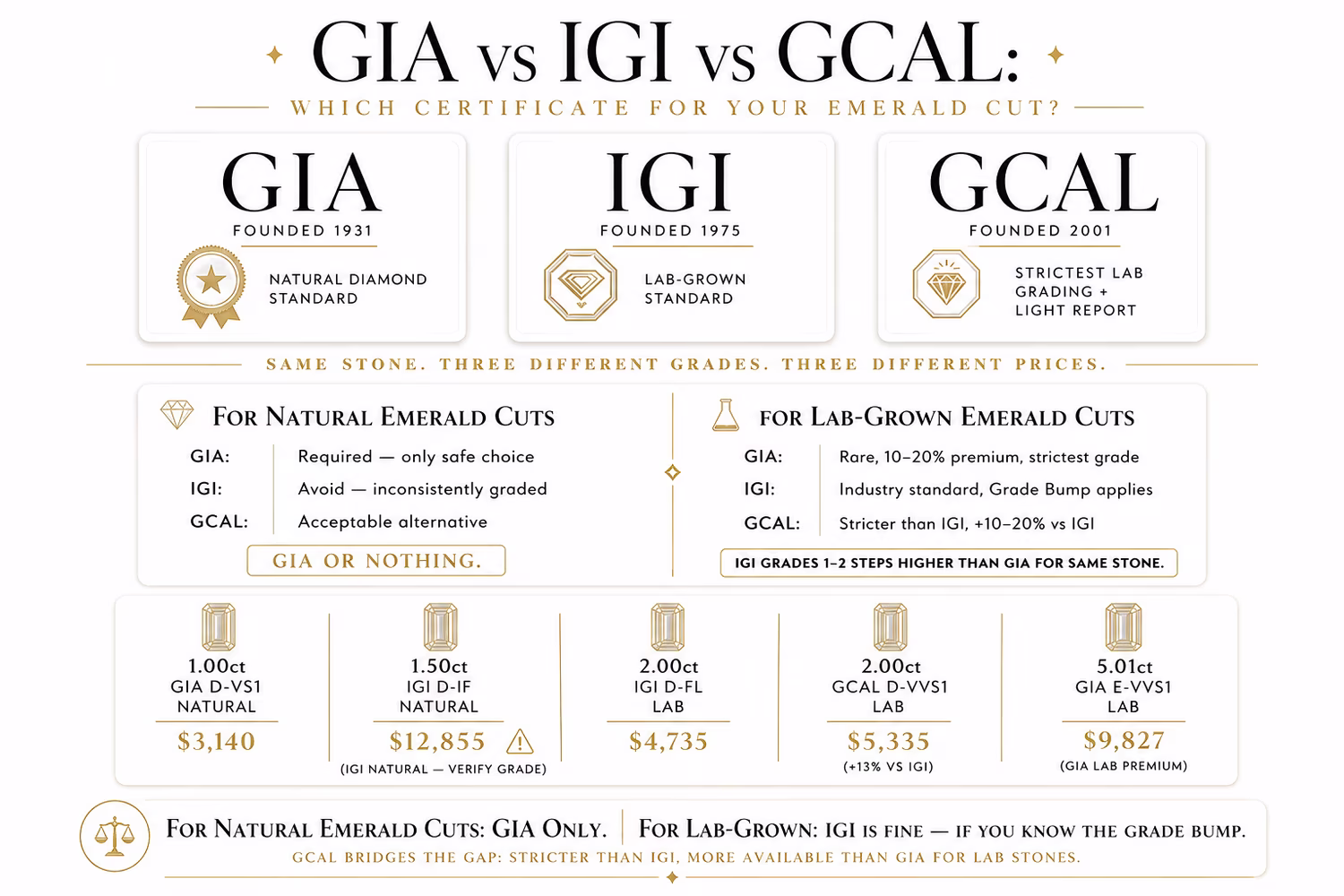 GIA vs IGI vs GCAL grading lab comparison — emerald cut diamond certification standards