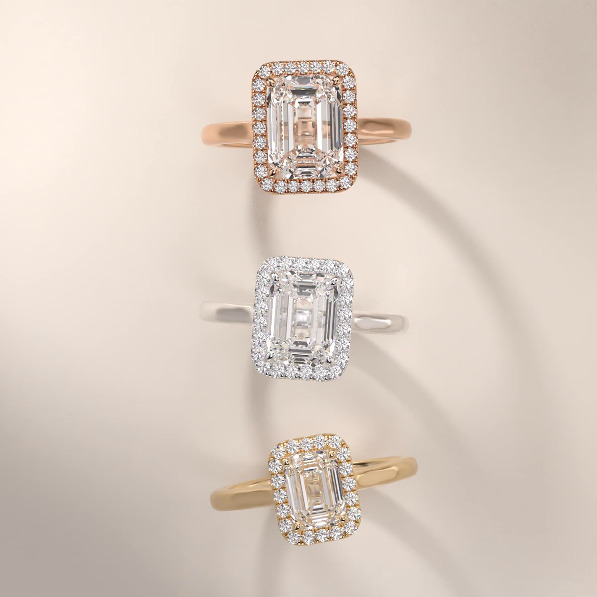 Emerald cut diamond halo ring in rose gold — Falling Edge Pavé design with 369 verified buyer reviews