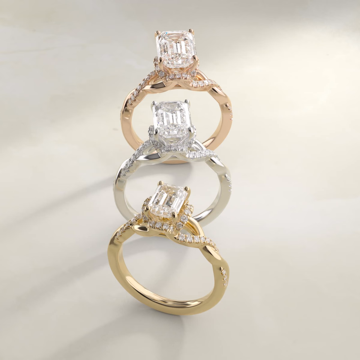 Emerald cut diamond halo ring in yellow gold — vintage-style pavé halo with Art Deco-aligned rectangular outline