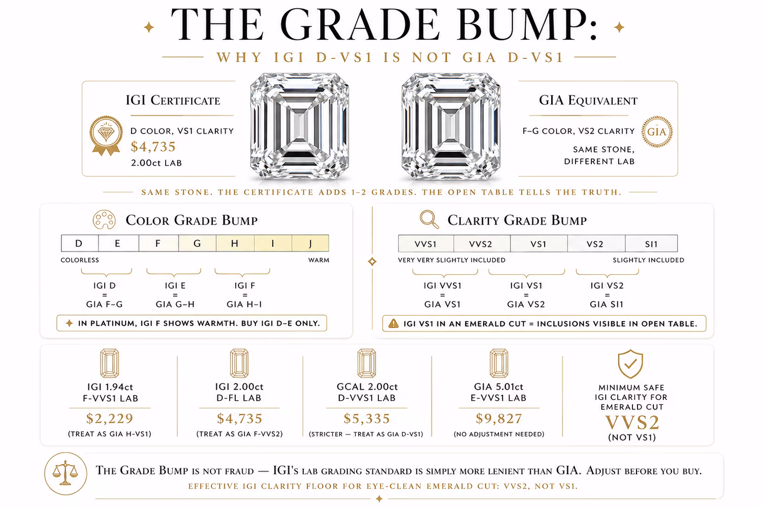 Emerald cut diamond IGI vs GIA grade bump — lab-grown color and clarity grade comparison