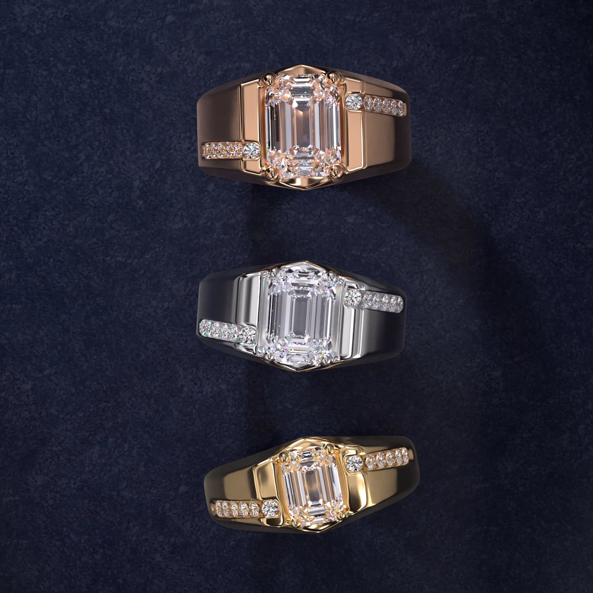 Men's emerald cut diamond ring bypass channel white gold