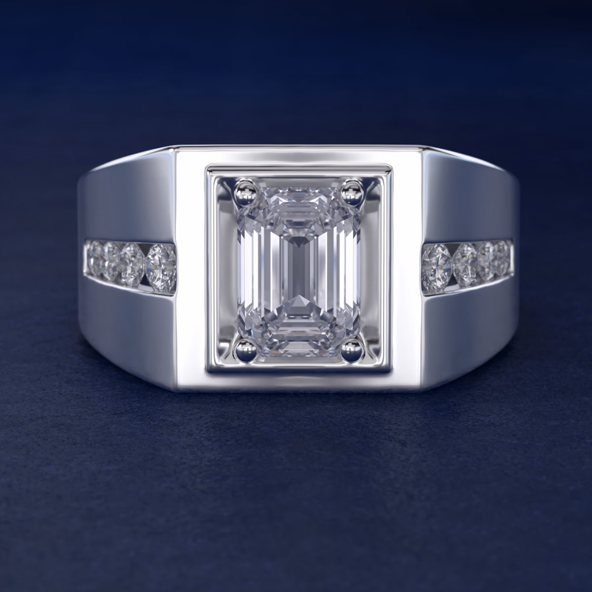 Men's emerald cut diamond ring channel setting white gold