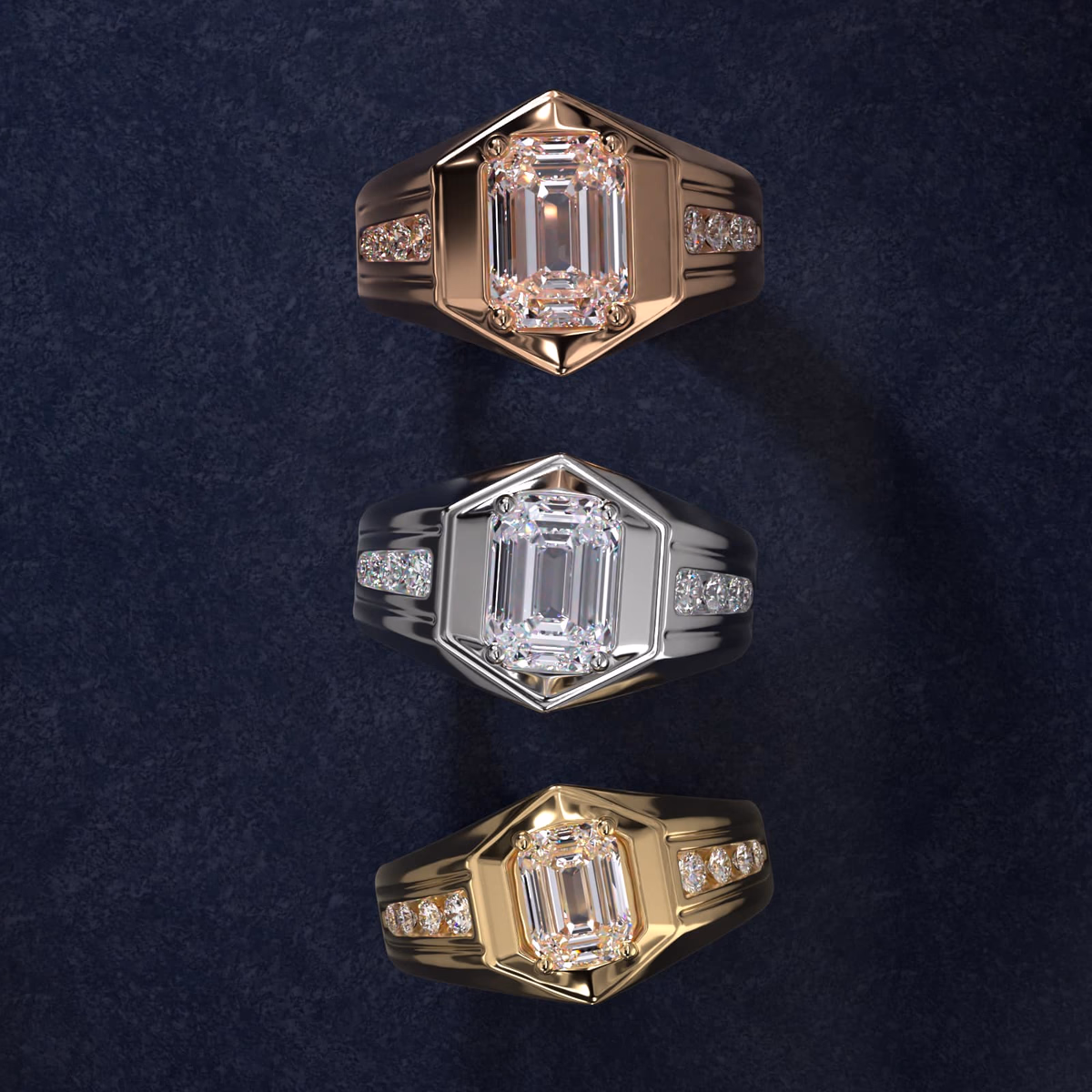 Men's emerald cut diamond ring hexagon channel setting white gold