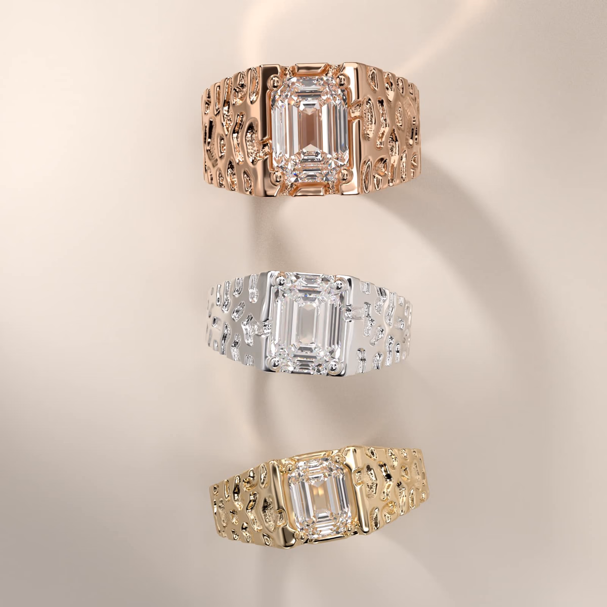 Men's emerald cut diamond ring east-west lab grown yellow gold statement