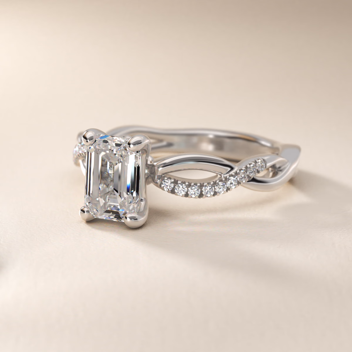 Platinum emerald cut diamond engagement ring cathedral solitaire