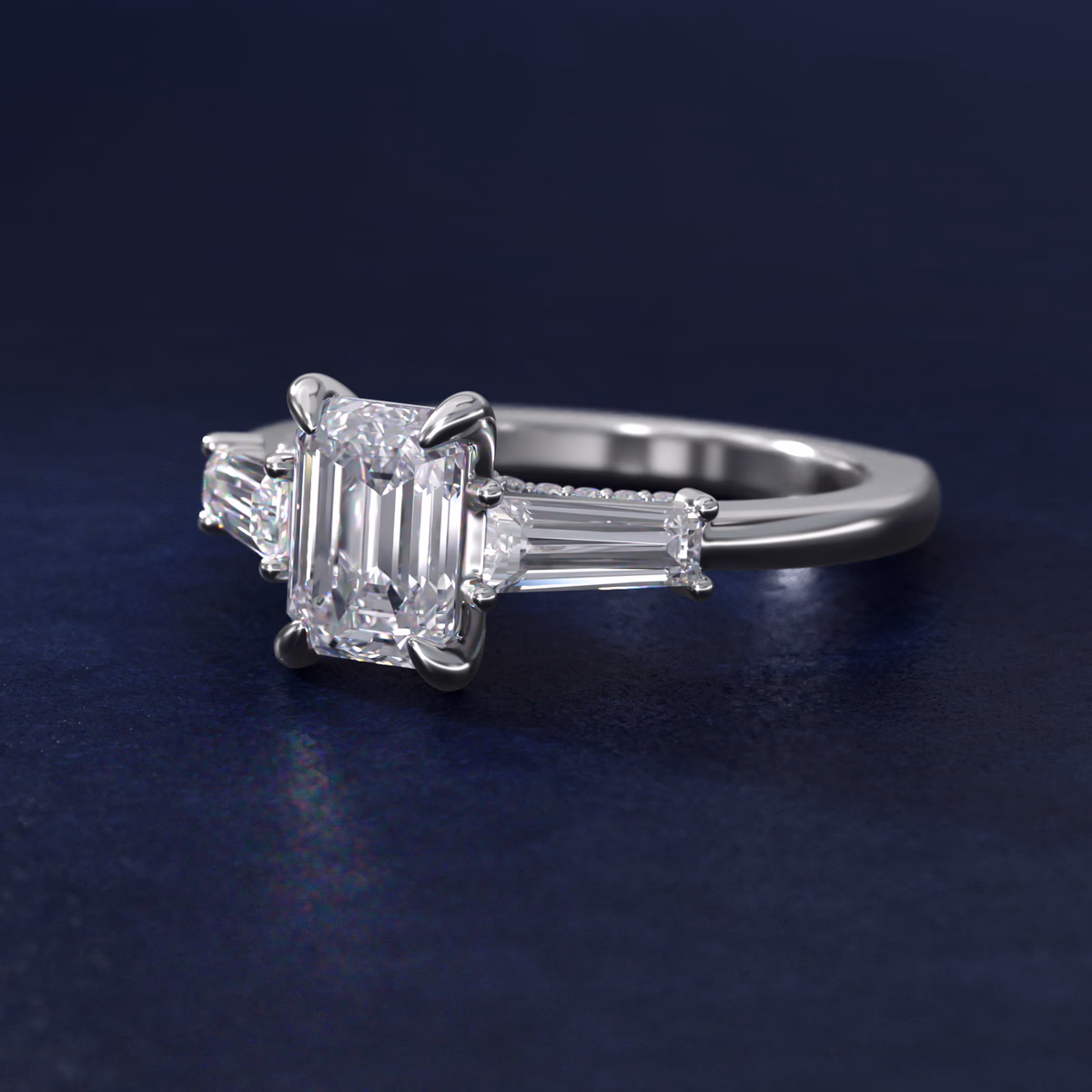Platinum emerald cut diamond engagement ring french pave band