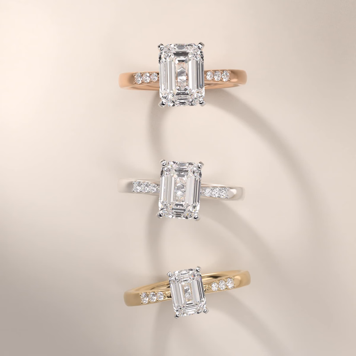 Emerald cut diamond ring yellow gold falling edge packshot view