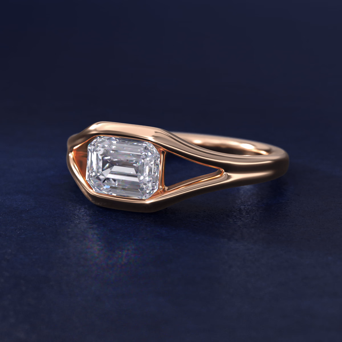 Emerald cut diamond rose gold ring micropave band