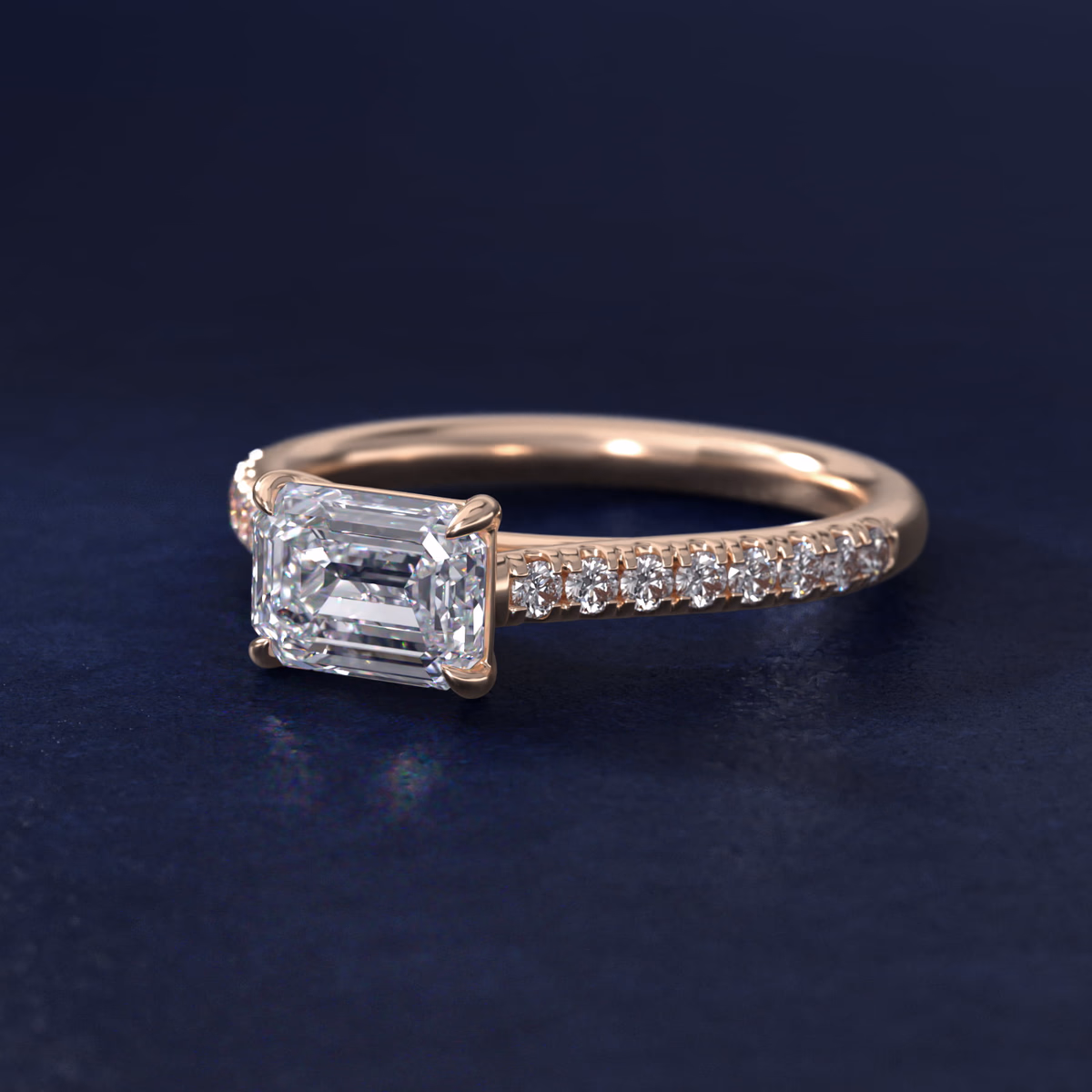 Emerald cut diamond rose gold ring pave band setting