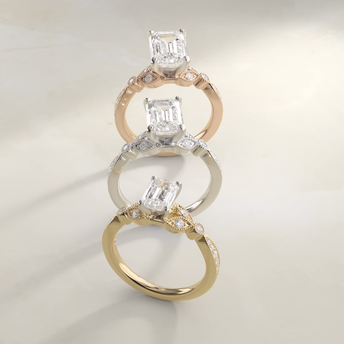 Knife edge solitaire emerald cut diamond ring in white gold